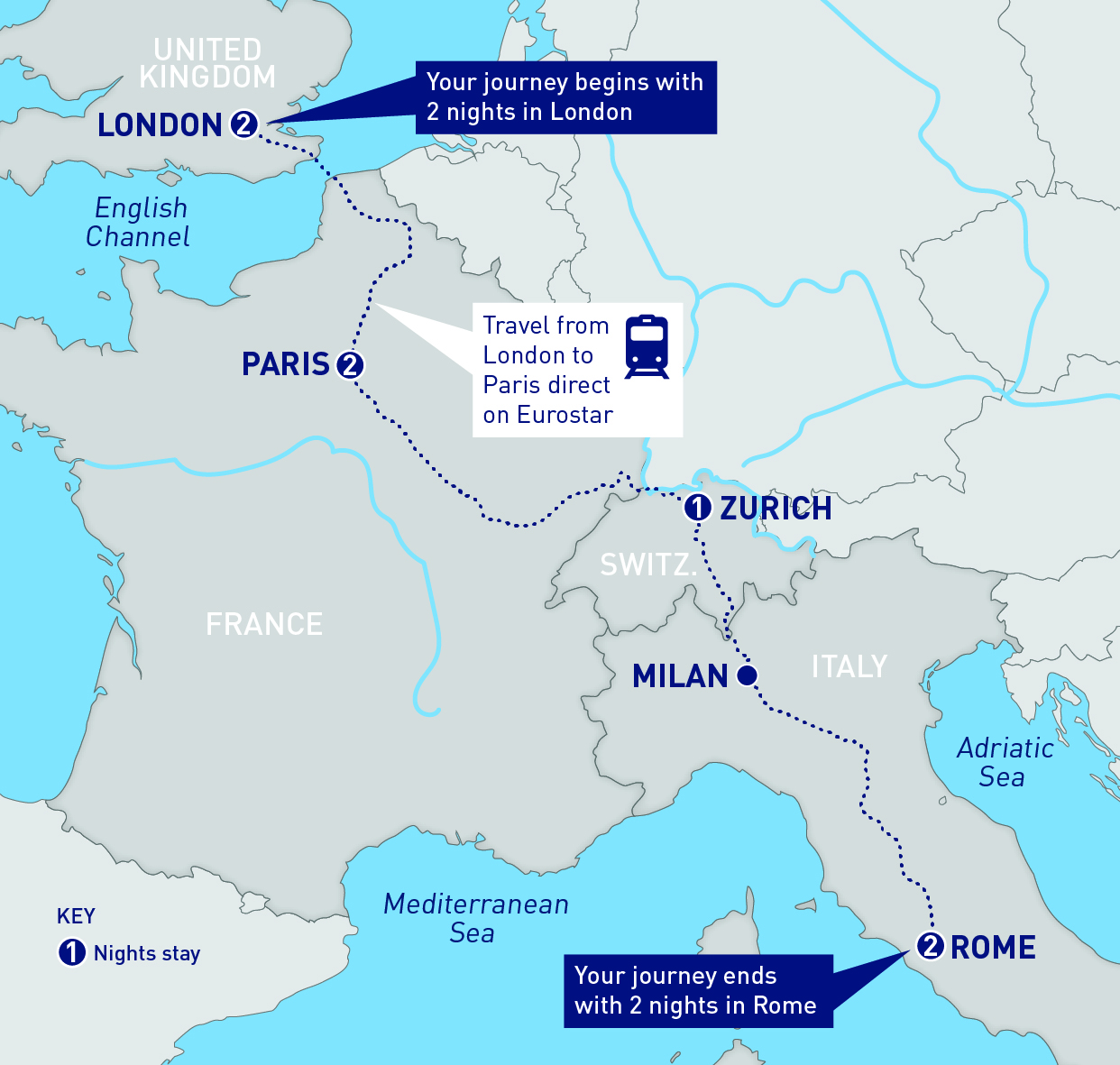 itinerary mapped out from zurich to rome, to paris and london.