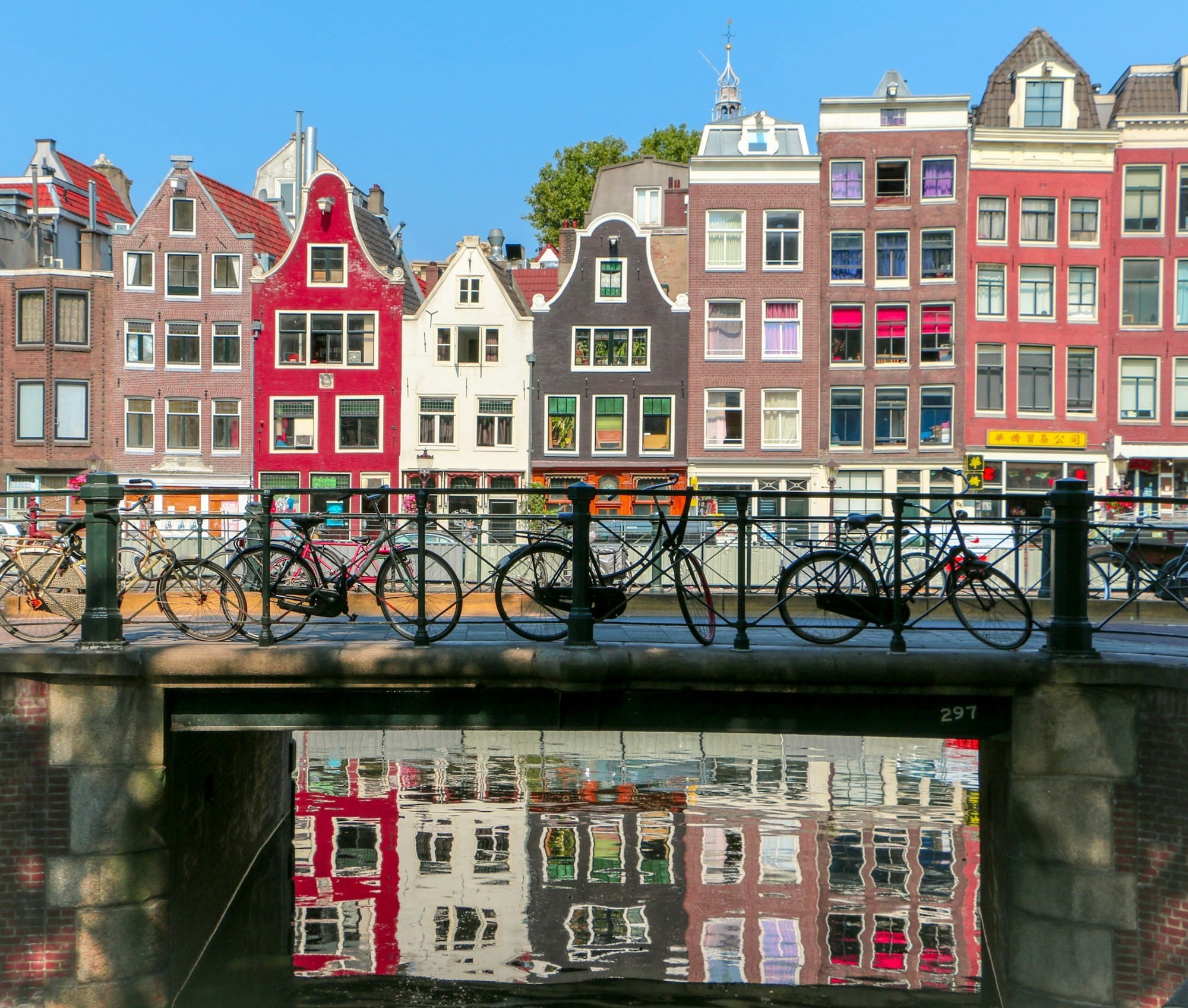 Colorful buildings in Amsterdam with bicycles on a bridge