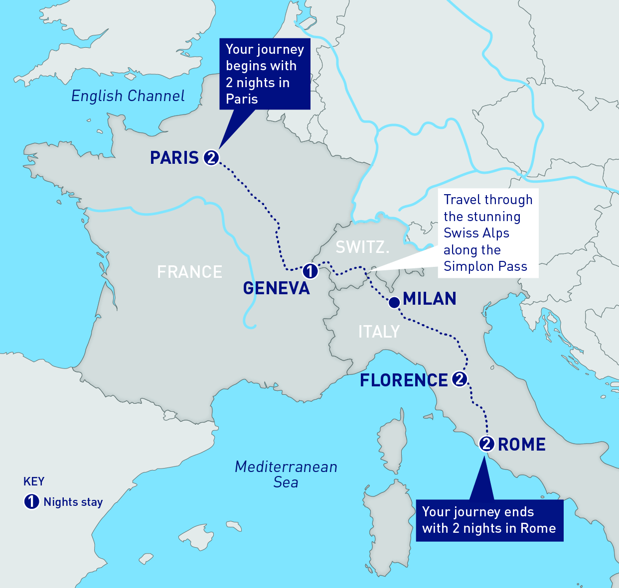itinerary mapped out from Paris to Milan to Rome