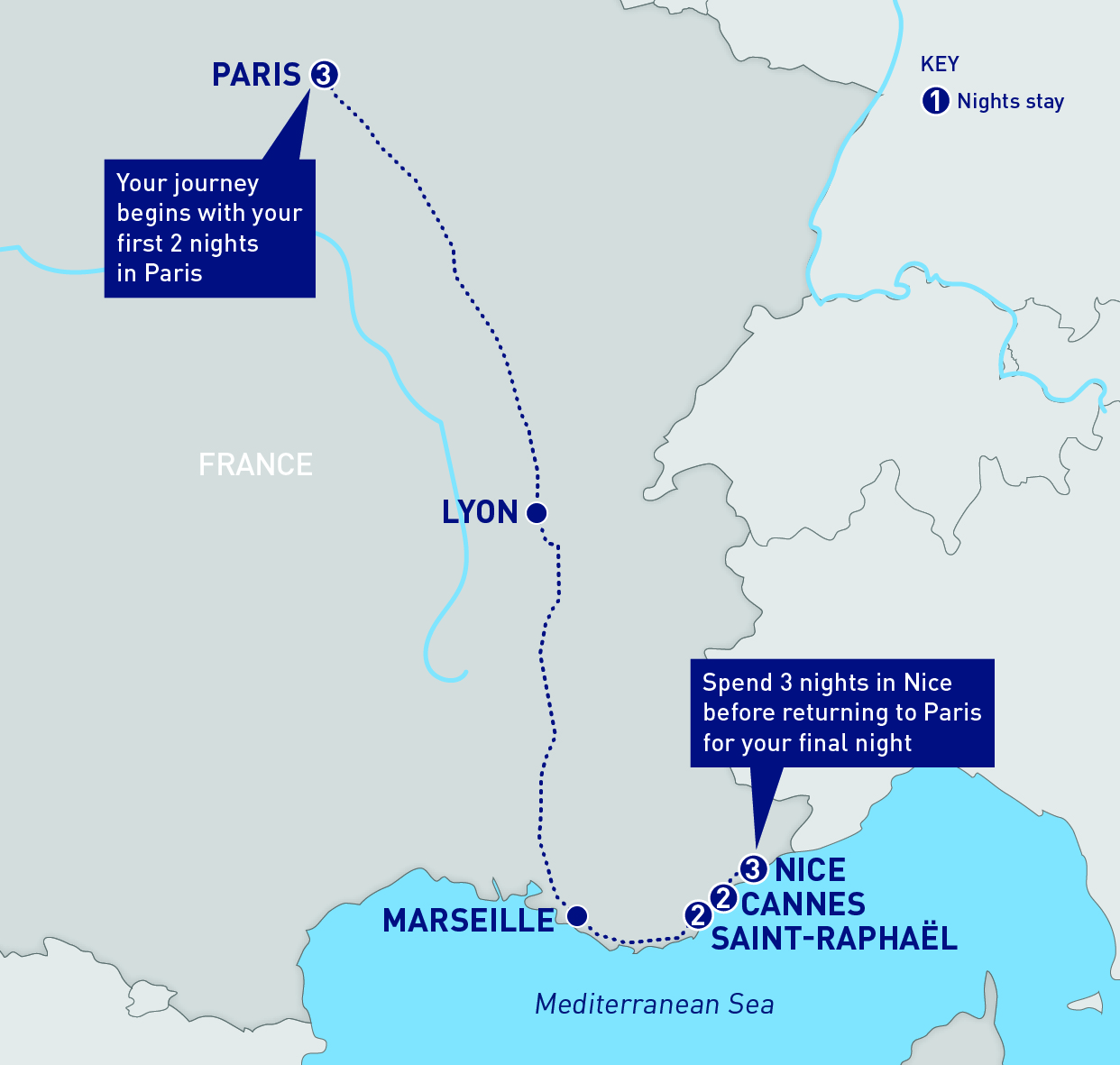 Itinerary mapped out from Paris to Nice