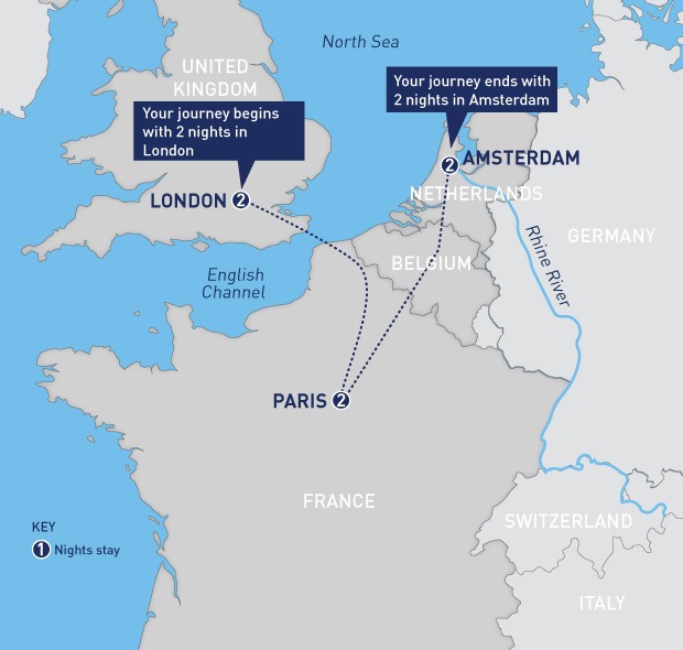 Map of itinerary mapped out from london to paris to amsterdam